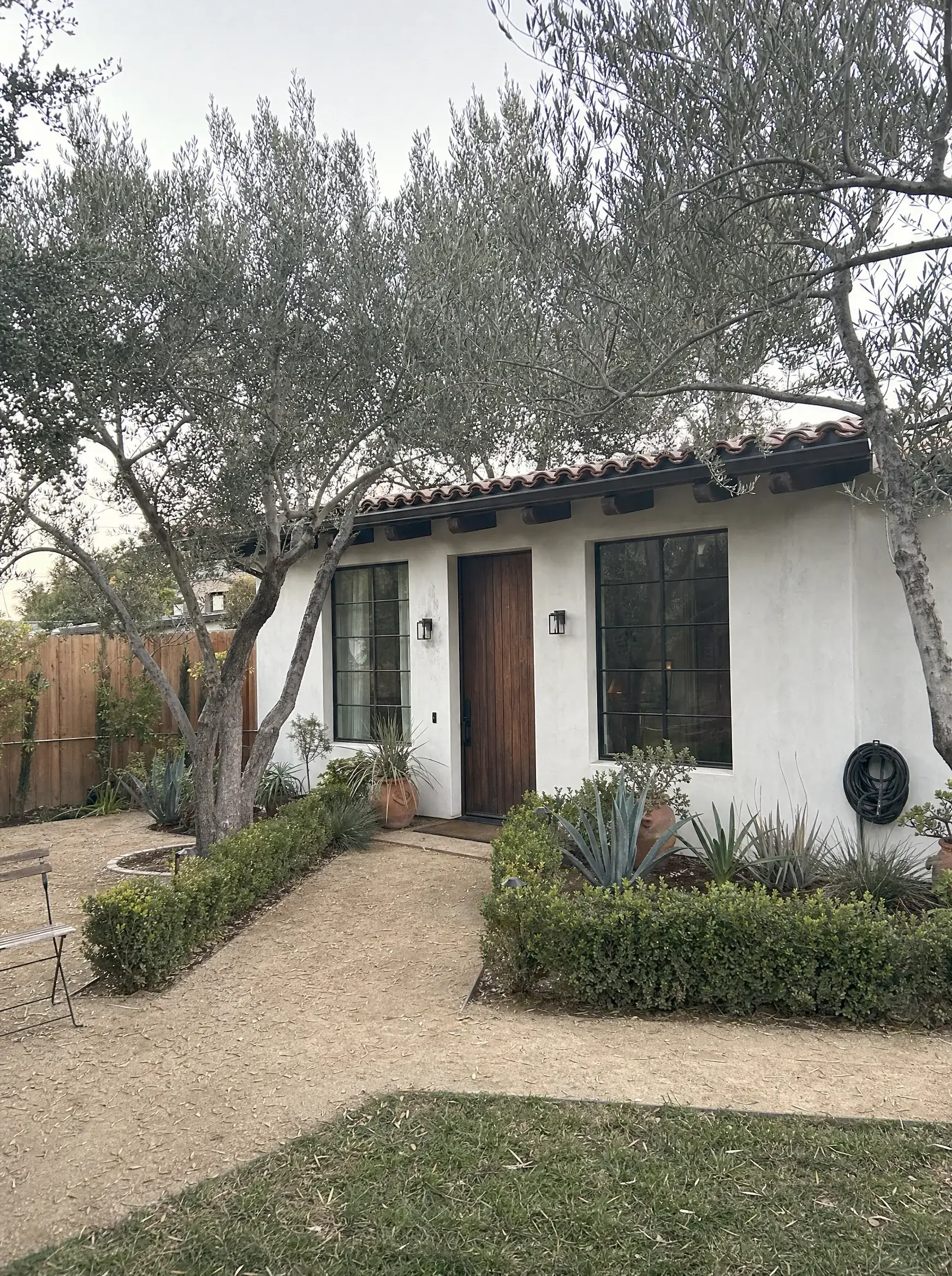 ADU builder in Lakewood, CA: white stucco detached ADU with a terracotta tile roof, wood front door, and black-framed windows behind drought-tolerant landscaping and an olive tree